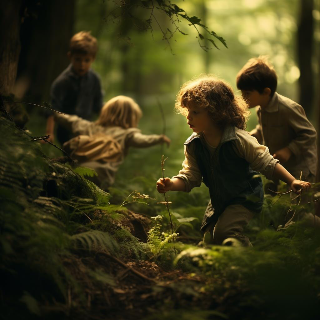 groupe d'enfants qui joue dans la forêt